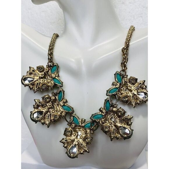 Vintage faux Turquoise aurora borealis Rhinestone Gold Chain Necklace 20” - Picture 9 of 12